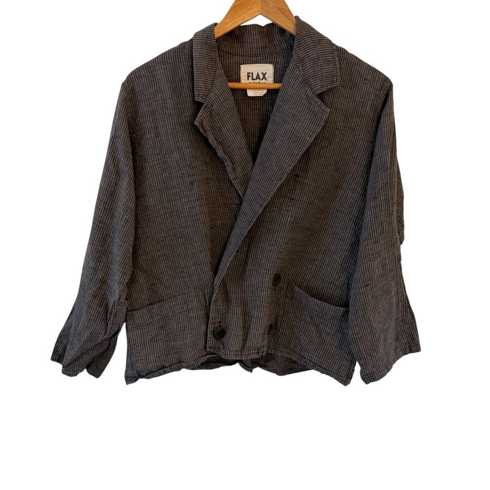 Vintage FLAX Linen Striped Blazer Jacket Womens S Gray Button Front Lagenlook